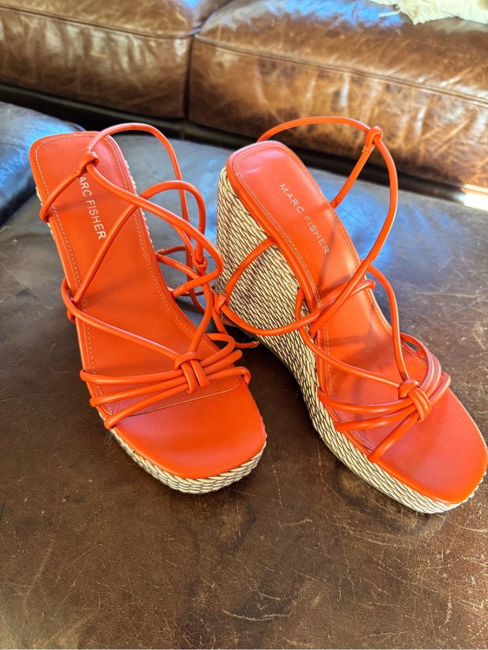 Marc Fisher Bright Orange Strappy Rope Wedge Sandals